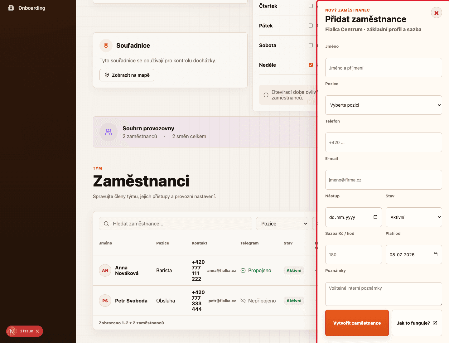 Formulář Přidat zaměstnance zvýrazněný červeným rámečkem